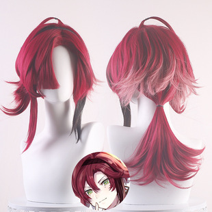 鹿野院平藏cos假发稻妻城 暗红色渐变挑染反翘马尾款原神平藏假发