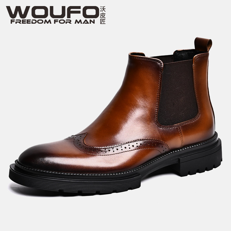 TOP LAYER COWHIDE CHELSEA BOOTS MENS ENGLISH LEATHER CARVED SHORT BOOTS PLATFORM ROUND TOE BUSINESS FORMAL HIGH-TOP LEATHER SHOES