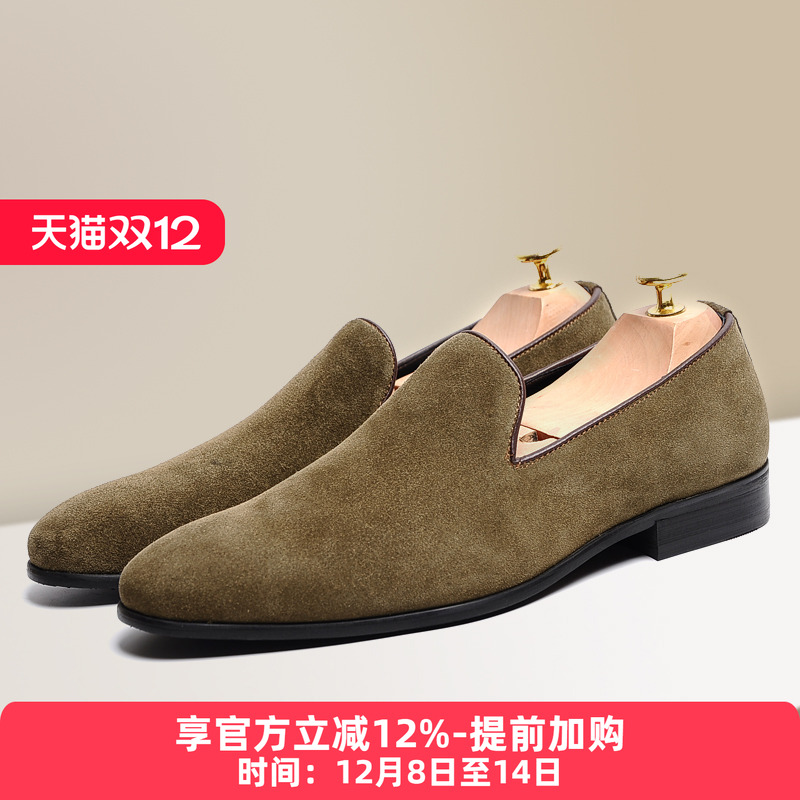 磨砂皮鞋男一脚蹬套脚商务休闲皮鞋韩版尖头反绒皮翻毛男鞋乐福鞋