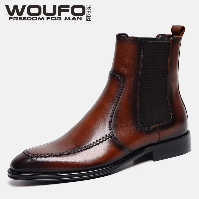 AUTUMN AND WINTER CHELSEA BOOTS MENS EUROPEAN AND AMERICAN LEATHER ELASTIC SOCKET BOOTS COWHIDE CARGO BOOTS VELVET WARM COTTON BOOTS