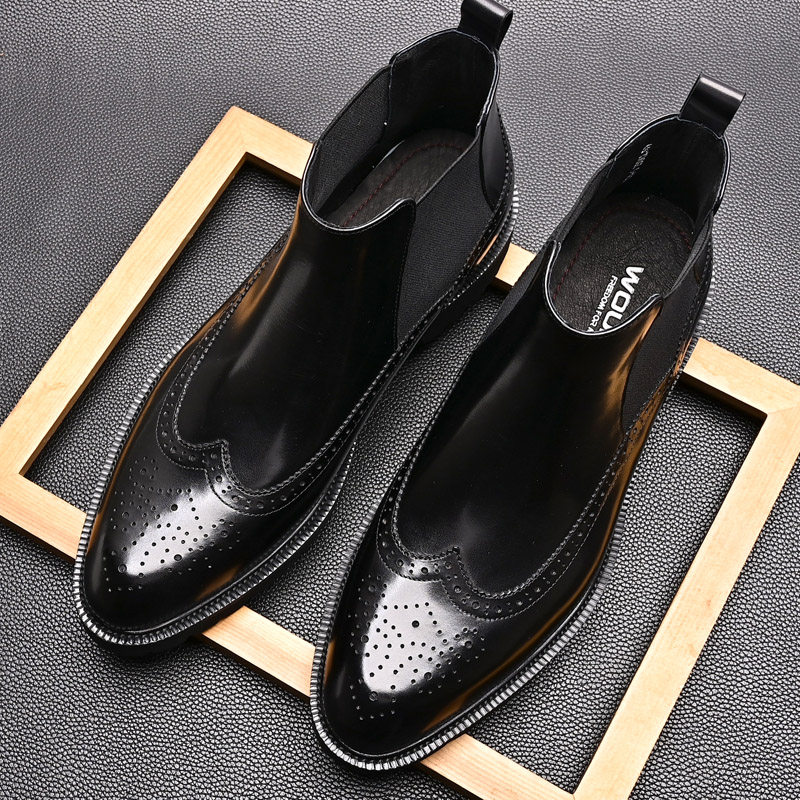 AUTUMN AND WINTER NEW TOP COWHIDE CHELSEA BOOTS BRITISH FASHION MENS CARVED BROGUE BOOTS HIGH-TOP LEATHER SHOES