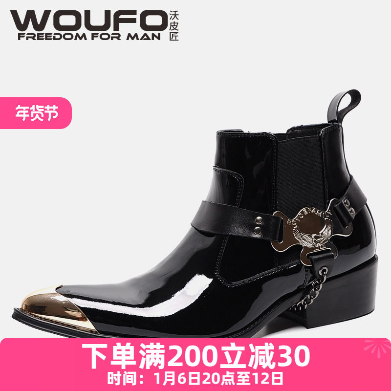 CHELSEA BOOTS TIDE MENS EUROPE AND THE UNITED STATES POINTED TOE ELASTIC SLEEVE BOOTS SHINY PATENT LEATHER METAL TOE COWBOY BOOTS