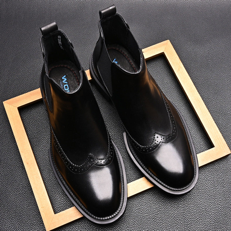 TOP LAYER COWHIDE CHELSEA BOOTS MENS ENGLISH LEATHER CARVED SHORT BOOTS PLATFORM ROUND TOE BUSINESS FORMAL HIGH-TOP LEATHER SHOES