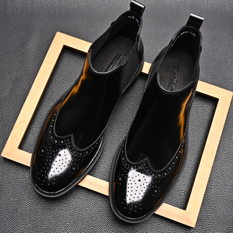 AUTUMN|WINTER NEW CHELSEA BOOTS MENS TRENDY BRITISH LEATHER SHINY ENGRAVED BROGUE BOOTS SOFT-SOLED HIGH-TOP LEATHER SHOES