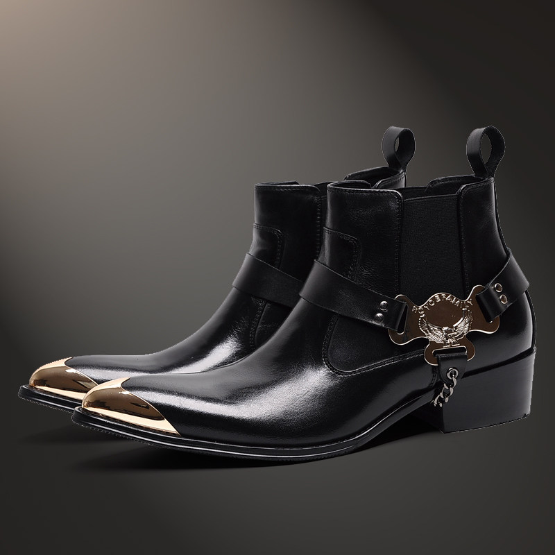 EUROPEAN AND AMERICAN TRENDY MENS POINTED TOE WESTERN COWBOY BOOTS LEATHER BRITISH ELASTIC SLEEVE CHELSEA BOOTS METAL TOE CAP