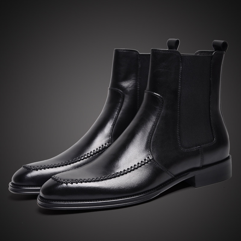 AUTUMN AND WINTER CHELSEA BOOTS MENS EUROPEAN AND AMERICAN LEATHER ELASTIC SOCKET BOOTS COWHIDE CARGO BOOTS VELVET WARM COTTON BOOTS