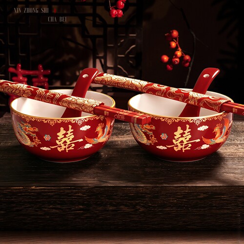 结婚改口敬茶杯喜碗套装一对
