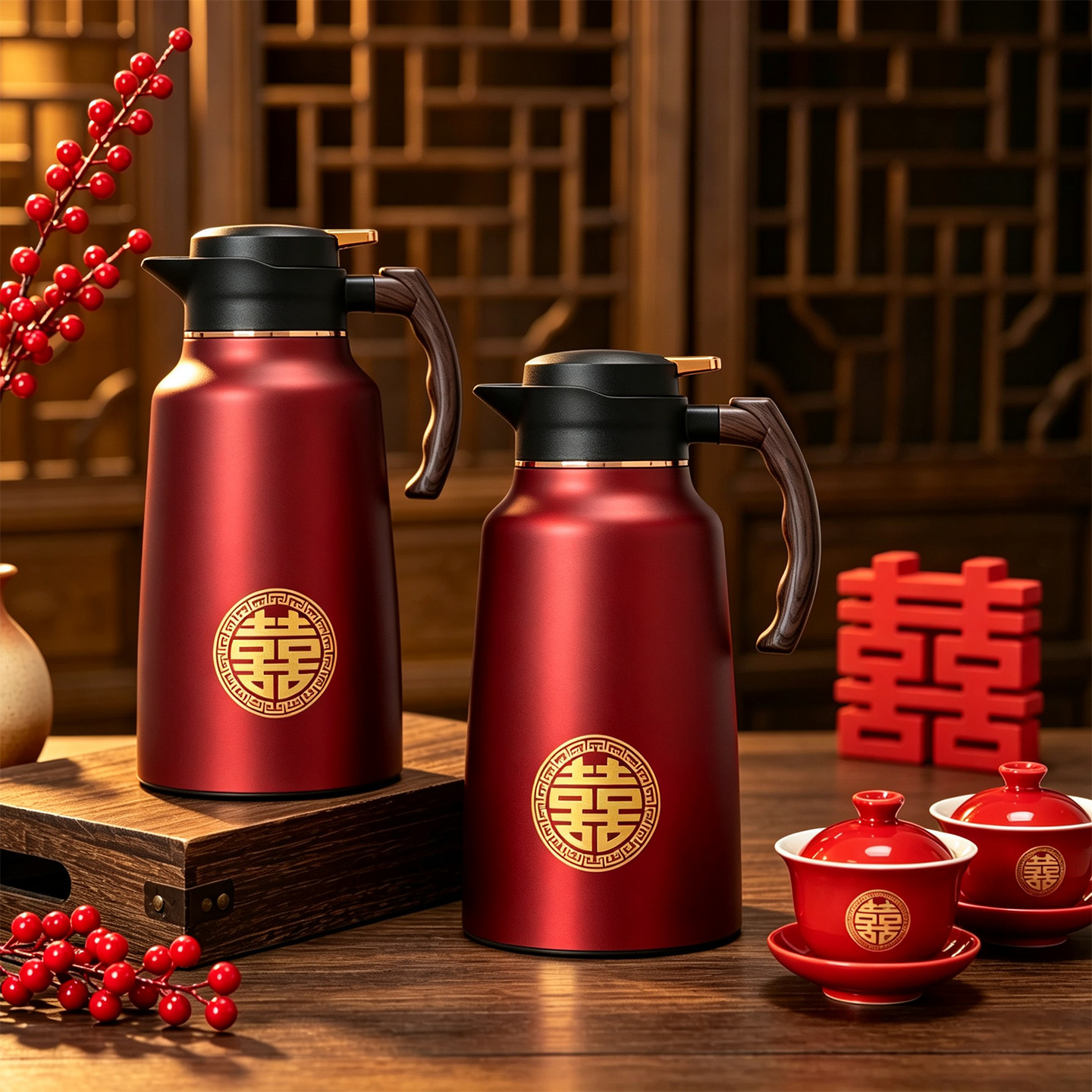 结婚保温壶一对红色陪嫁水壶家用大容量热水壶玻璃内胆暖瓶喜壶