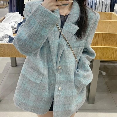 潮牌复古格子毛呢外套女秋冬2023新款设计高级感ins宽松西装上衣