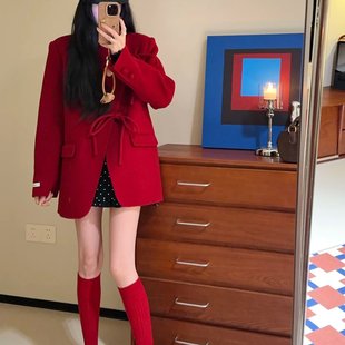 新年圣诞战袍高级感毛呢外套秋冬新款气质宽松红色毛呢外套