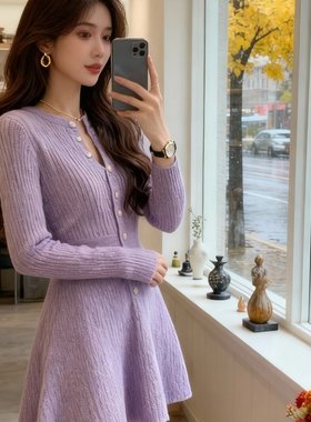 温柔风紫色V领针织连衣裙女2025秋冬新款设计感收腰A字短裙小个子