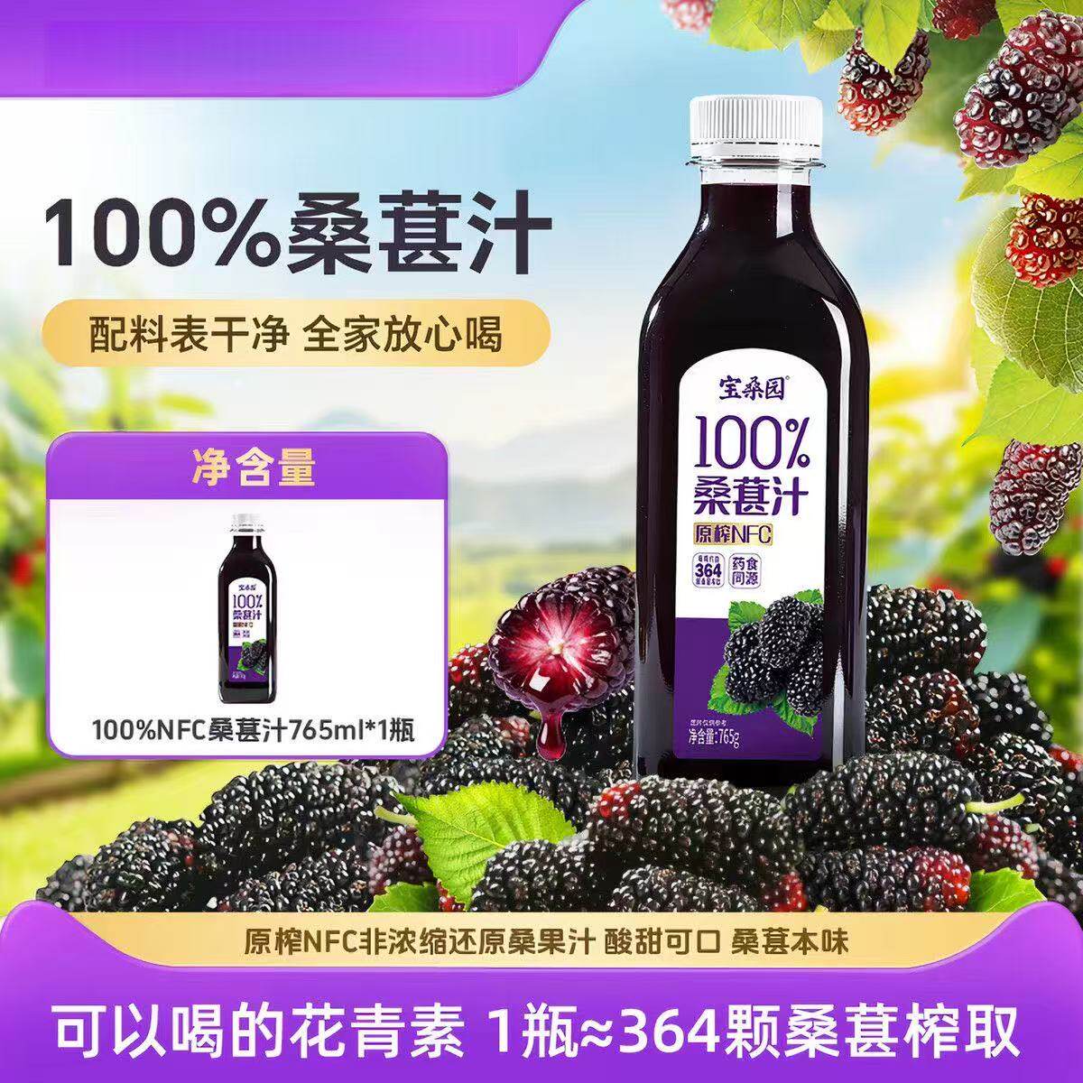 宝桑园100%桑葚汁765g 原榨NFC药食同源纯果汁桑葚原汁瓶装果蔬汁