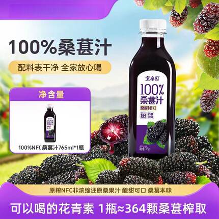 宝桑园100%桑葚汁765g 原榨NFC药食同源纯果汁桑葚原汁瓶装果蔬汁