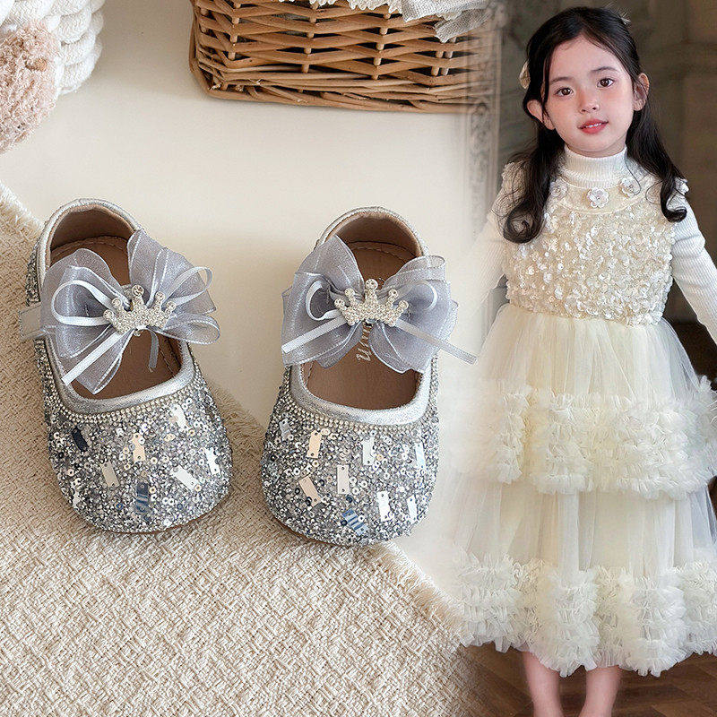 真皮女童小皮鞋2026新款洋气蝴蝶结公主鞋亮片表演舞蹈鞋软底单鞋