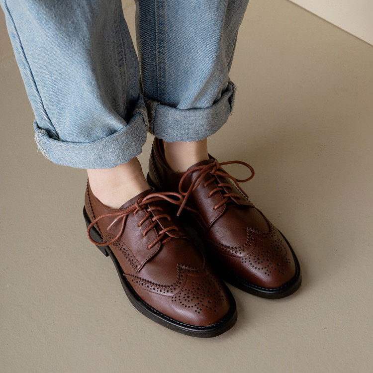 头层牛皮深口系带单鞋女雕花小皮鞋2026春季新款平底乐福鞋子,女鞋,深口单鞋,淘宝优惠券,粉丝福利购,淘宝优惠卷