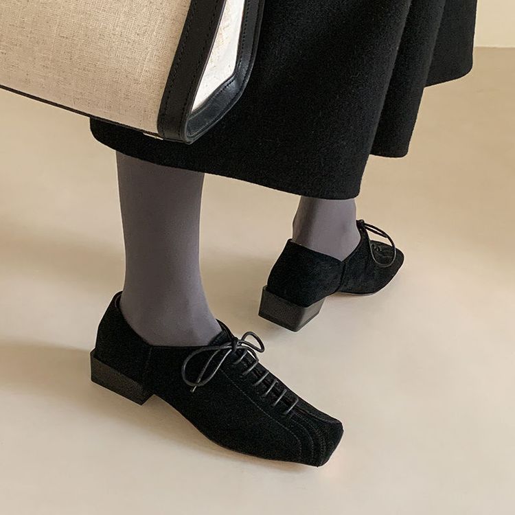 小众设计手工西部鞋复古方头两穿系带单鞋美拉德棕色真皮春秋女鞋