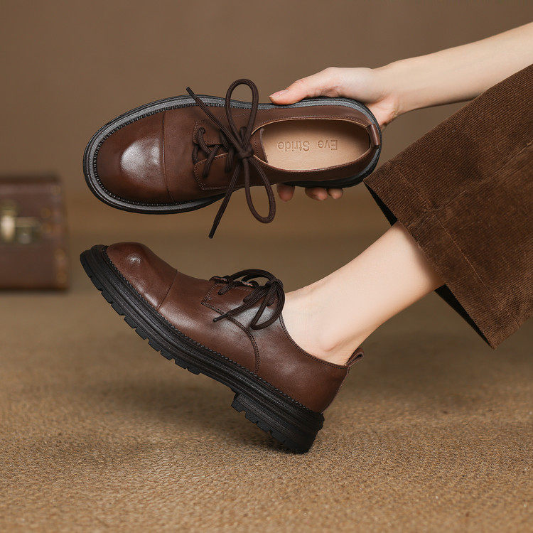 英伦风复古圆头系带小皮鞋女2026春季深口单鞋真皮厚底乐福鞋,女鞋,深口单鞋,淘宝优惠券,粉丝福利购,淘宝优惠卷