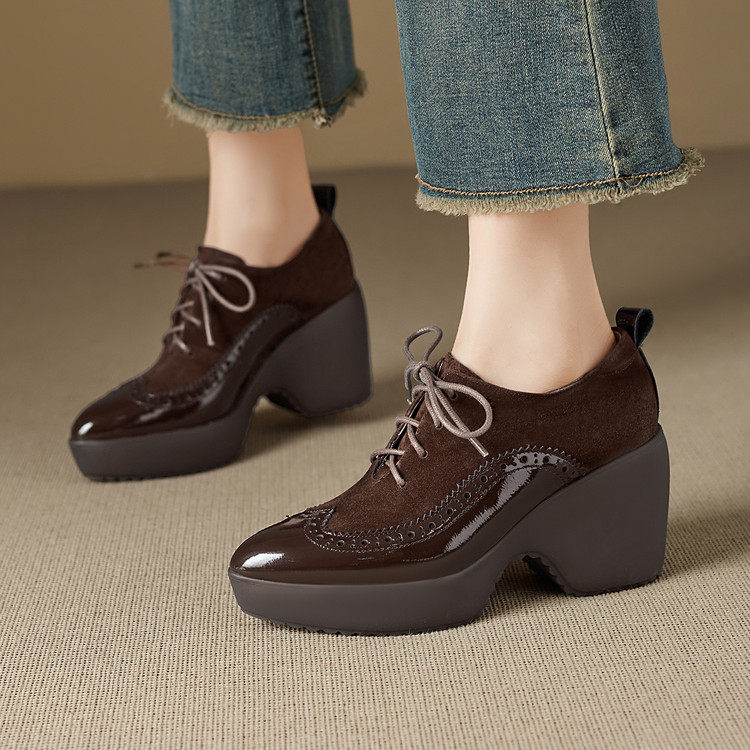 厚底松糕小皮鞋女真皮2025新款秋季超高跟坡跟百搭系带单鞋子