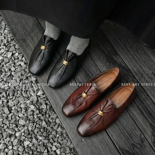 小皮鞋头层牛皮老钱风复古真皮乐福鞋女一脚蹬低跟单鞋百搭低跟鞋