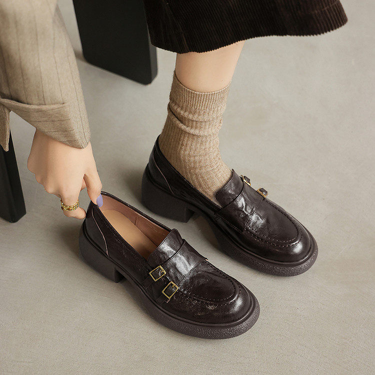 2026年春季厚底英伦风皮带扣乐福鞋女黑色圆头中跟百搭小皮鞋,女鞋,深口单鞋,淘宝优惠券,粉丝福利购,淘宝优惠卷