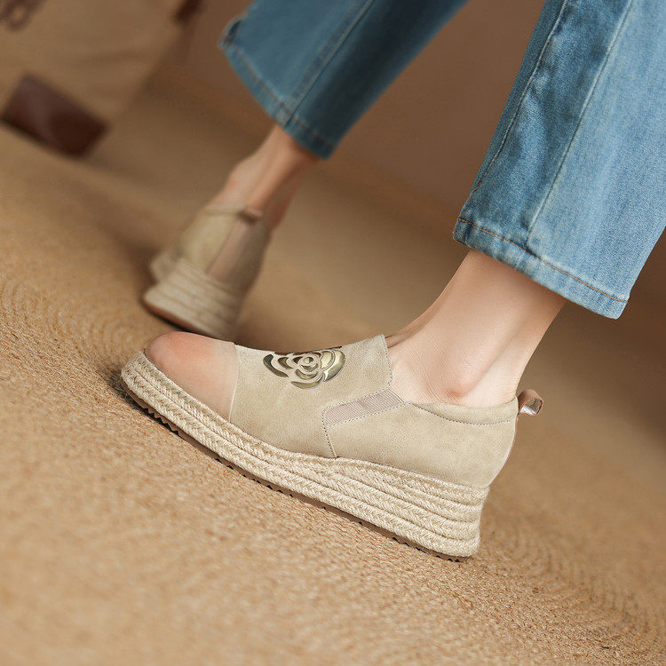 高跟坡跟厚底单鞋女一脚蹬乐福鞋百搭真皮山茶花松糕鞋羊皮懒人鞋,女鞋,深口单鞋,淘宝优惠券,粉丝福利购,淘宝优惠卷