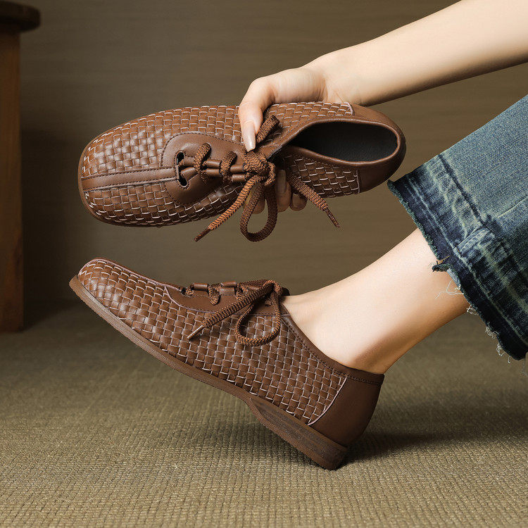 2CM灰色小皮鞋2026春系带高级感平底鞋编织真皮单鞋德训鞋,女鞋,深口单鞋,淘宝优惠券,粉丝福利购,淘宝优惠卷
