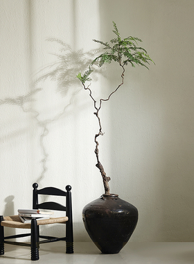 形上侘寂风落地大花器老物件粗陶花瓶干枝仿真绿植居家中古风摆件