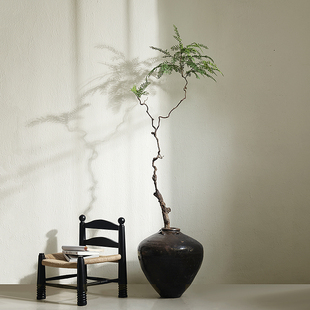 形上侘寂风落地大花器老物件粗陶花瓶干枝仿真绿植居家中古风摆件