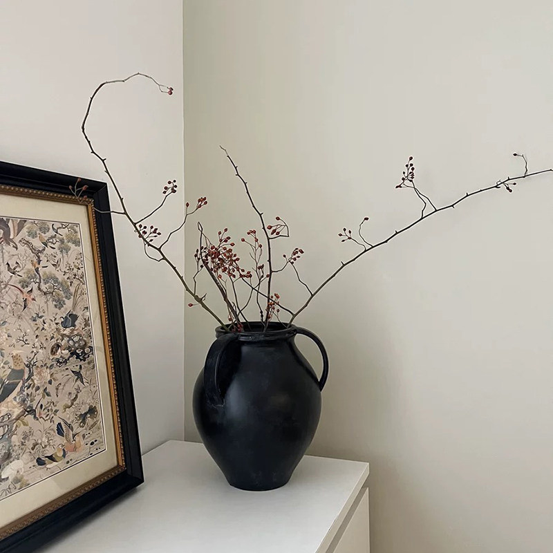 形上侘寂风复古陶瓷花瓶黑色三耳陶罐法式中古风水培花器摆件,家居饰品,花瓶,淘宝优惠券,粉丝福利购,淘宝优惠卷
