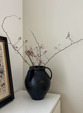 形上侘寂风复古陶瓷花瓶黑色三耳陶罐法式中古风水培花器摆件