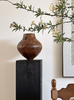 形上原木手工大肚侘寂风花瓶入户客厅玄关中古小众木罐子装饰摆件