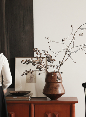 形上中古风实木器花瓶侘寂风客厅桌面仿古铜水果盘装饰品挂画摆件