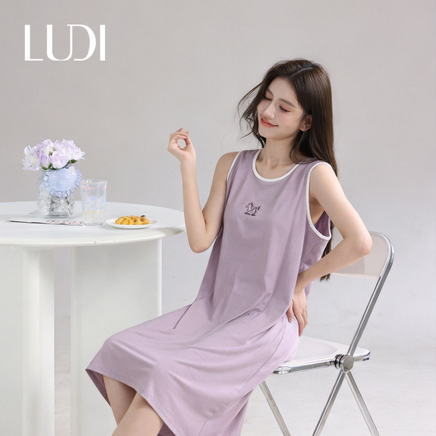 露迪尚品春夏季圆领无袖睡裙竹纤维女士宽松薄款家居服LDC263553