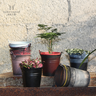 现代少女粉多肉盆小提桶植物盆栽田园桌面收纳摆件笔筒铁艺花桶