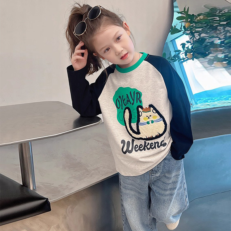 儿童洋气插肩袖上衣中大童装长袖t恤女童刺绣打底衫2025春秋新款