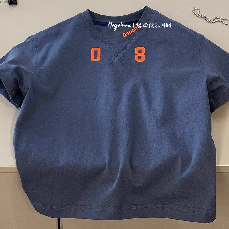 儿童纯棉T恤童装男童短袖新款中大童蓝色上衣休闲男孩夏装潮