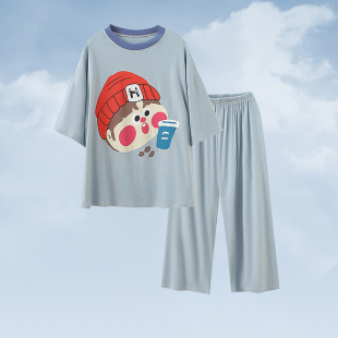 新款卡通印花莫代尔儿童睡衣套装夏季七分袖家居服男女童空调服