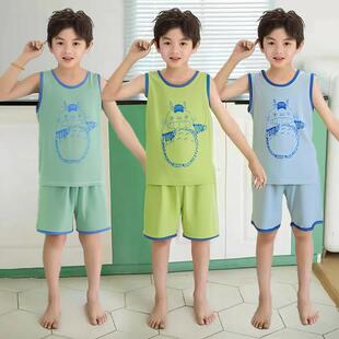 夏季儿童男童无袖背心套莫代尔中大童家居服套装宝宝薄款睡衣空调