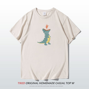 日系潮牌喷火龙趣味街头休闲印花短袖 港风宽松体恤 t恤男学生半袖