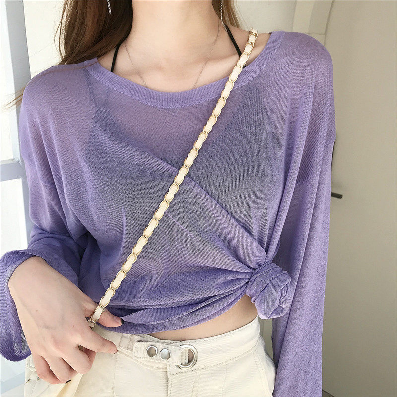 防晒空调罩衫女2020夏季新款宽松套头薄款长袖冰丝上衣镂空针织衫