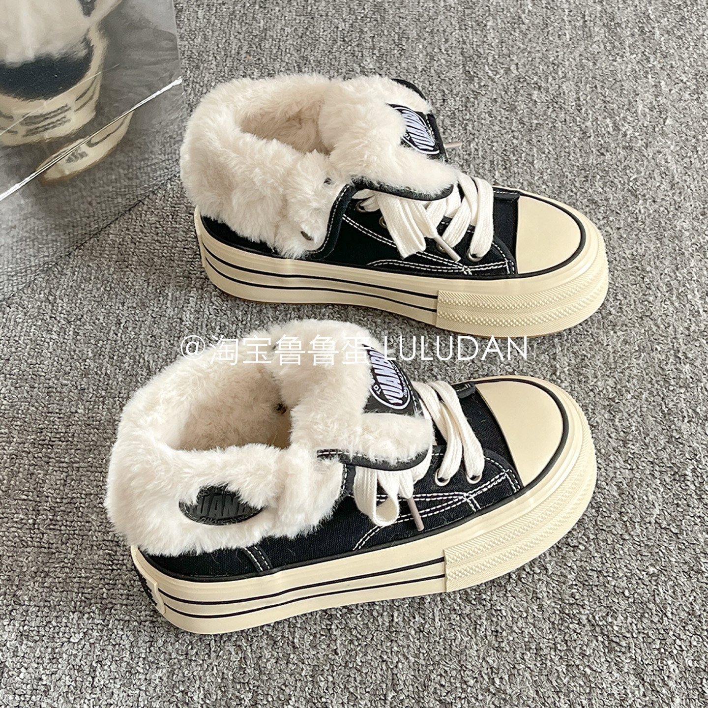 鲁鲁蛋 复古高帮厚底帆布鞋女款2025新款冬季加绒二棉鞋休闲板鞋