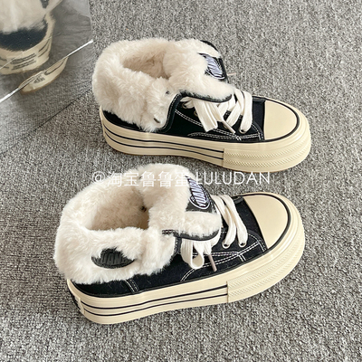 鲁鲁蛋 复古高帮厚底帆布鞋女款2025新款冬季加绒二棉鞋休闲板鞋