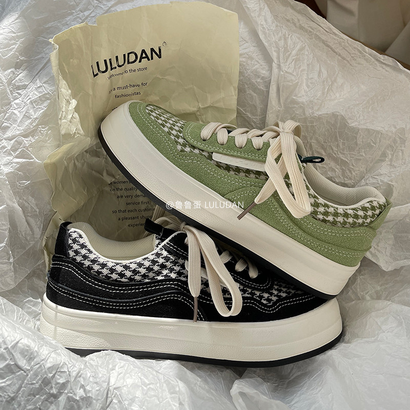 鲁鲁蛋 抹茶绿秋新款帆布鞋女2022小众原创千鸟格板鞋ins潮小白鞋,女鞋,帆布鞋,淘宝优惠券,粉丝福利购,淘宝优惠卷