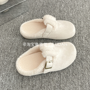鲁鲁蛋毛毛勃肯鞋半拖鞋女秋冬外穿一脚蹬女鞋保暖加绒厚底穆勒鞋