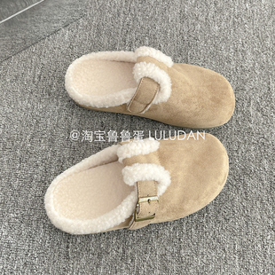鲁鲁蛋保暖加绒厚底穆勒鞋半拖鞋女秋冬外穿一脚蹬女鞋毛毛勃肯鞋