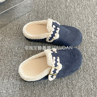 鲁鲁蛋 冬季勃肯鞋半拖鞋女外穿厚底穆勒拖鞋一脚蹬女鞋加绒棉拖