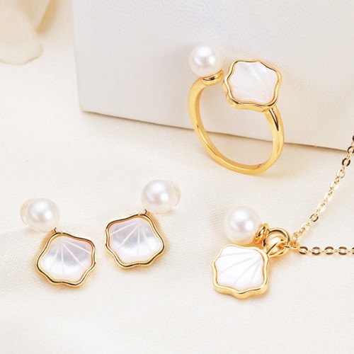 2025新款s925银针女贝壳耳钉镶嵌珍珠耳环项链戒指一贝子饰品套装