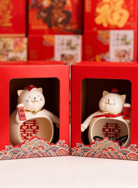 新年红色陶瓷招财猫摆件礼盒装