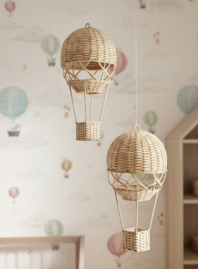 北欧藤编热气球儿童房吊饰摆件