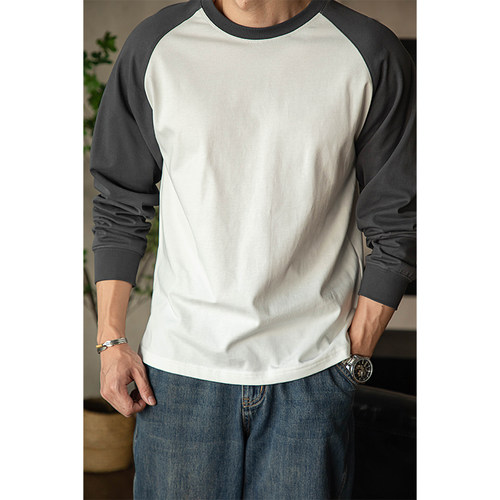 唔刃美式复古重磅插肩袖拼色T恤